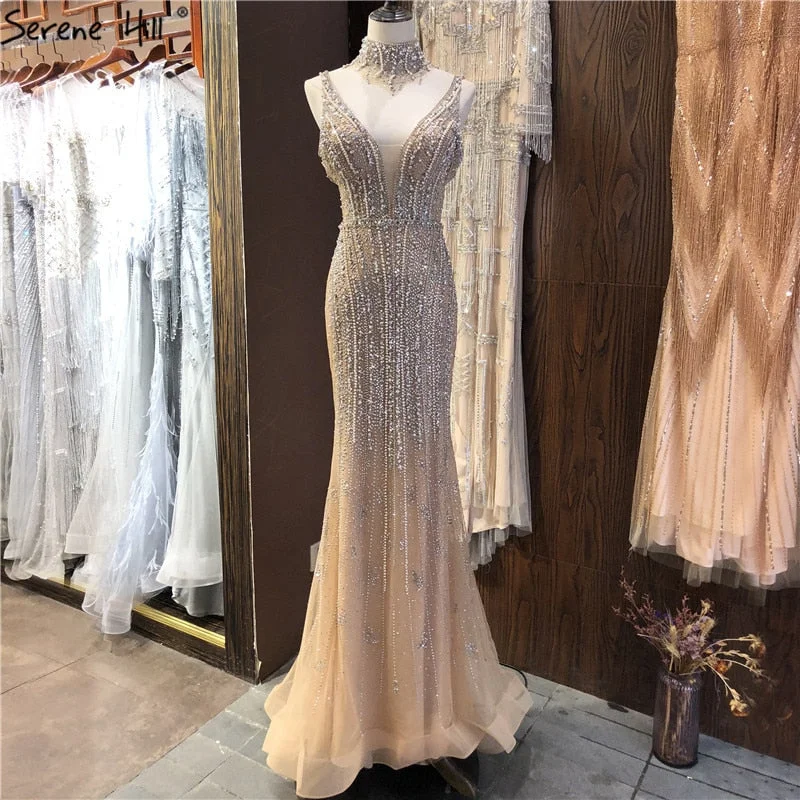 Dubai Champagne Pearls Diamond Formal Gowns Design 2024 V-Neck Sleeveless Sexy Evening Dresses Serene Hill LA70055 Dubai Champagne Pearls Diamond Formal Gowns Design 2024 V-Neck Sleeveless Sexy Evening Dresses Serene Hill LA70055