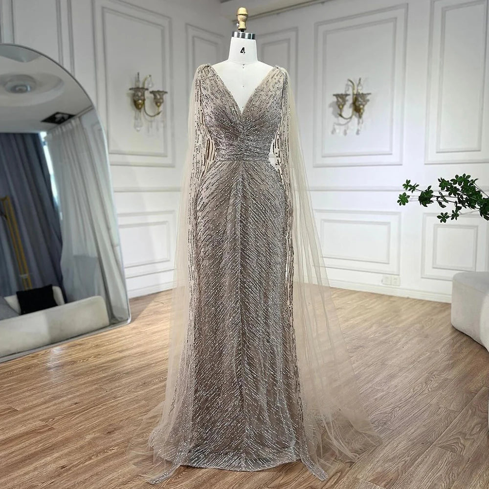 Serene Hill Arabic Nude Luxury Evening Dresses with Cape Sleeves A-Line Beaded and Gown For Women's Wedding Party 2024 LA72573 Serene Hill Arabic Nude Luxury Evening Dresses with Cape Sleeves A-Line Beaded and Gown For Women's Wedding Party 2024 LA72573