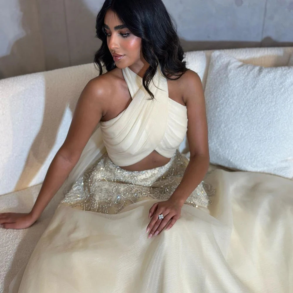 Serene Hill Dubai Arabic Beige A Line Halter Beaded Luxury Evening Dresses Gowns For Women Wedding Party 2024 LA72278 Serene Hill Dubai Arabic Beige A Line Halter Beaded Luxury Evening Dresses Gowns For Women Wedding Party 2024 LA72278