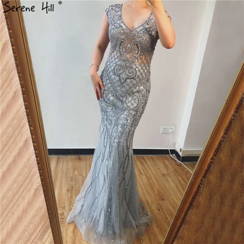 Grey Luxury V-Neck Mermaid Evening Dresses Design 2024 Dubai Full Diamond Sexy Formal Dress Serene Hill LA70063