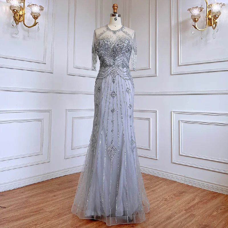 Serene Hill Grey Mermaid O-Neck Short Sleeves Elegant Beaded Luxury Tassel Dubai Evening Dresses Gowns For Women Party 2024 LA70646