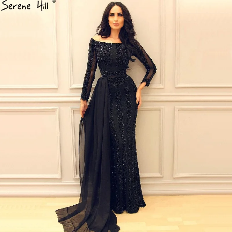 Long Sleeve Black Mermaid Tulle Evening Dresses Beading Sequined Formal Dress Real Photo 2024 Serene Hill LA6009 Long Sleeve Black Mermaid Tulle Evening Dresses Beading Sequined Formal Dress Real Photo 2024 Serene Hill LA6009