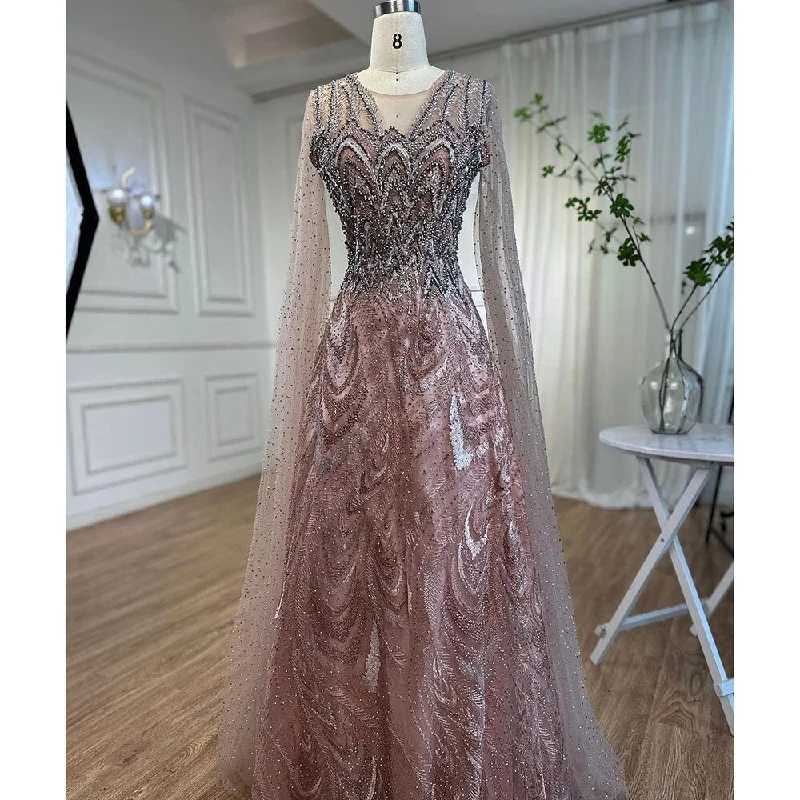 Serene Hill Arabic Pink A Line Beaded Cape Sleeves Evening Dresses Long 2024 Celebrity Gowns For Woman Wedding Party LA72133 Serene Hill Arabic Pink A Line Beaded Cape Sleeves Evening Dresses Long 2024 Celebrity Gowns For Woman Wedding Party LA72133
