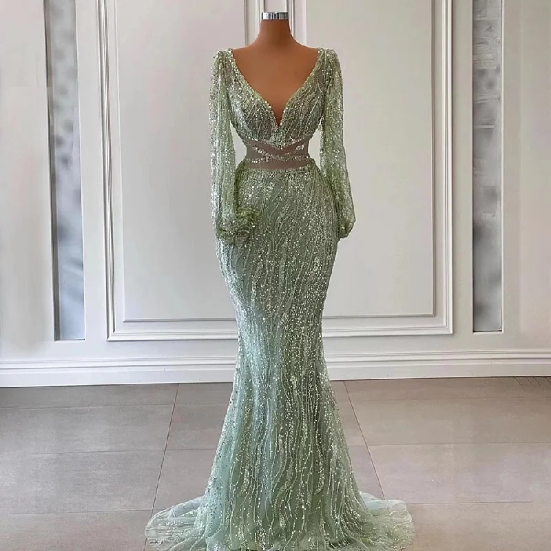 Serene Hill Sexy Mint Mermaid Elegant V-Neck Beaded Luxury Arabic Shiny Evening Dresses Gowns For Women Party 2024 LA71784 Serene Hill Sexy Mint Mermaid Elegant V-Neck Beaded Luxury Arabic Shiny Evening Dresses Gowns For Women Party 2024 LA71784
