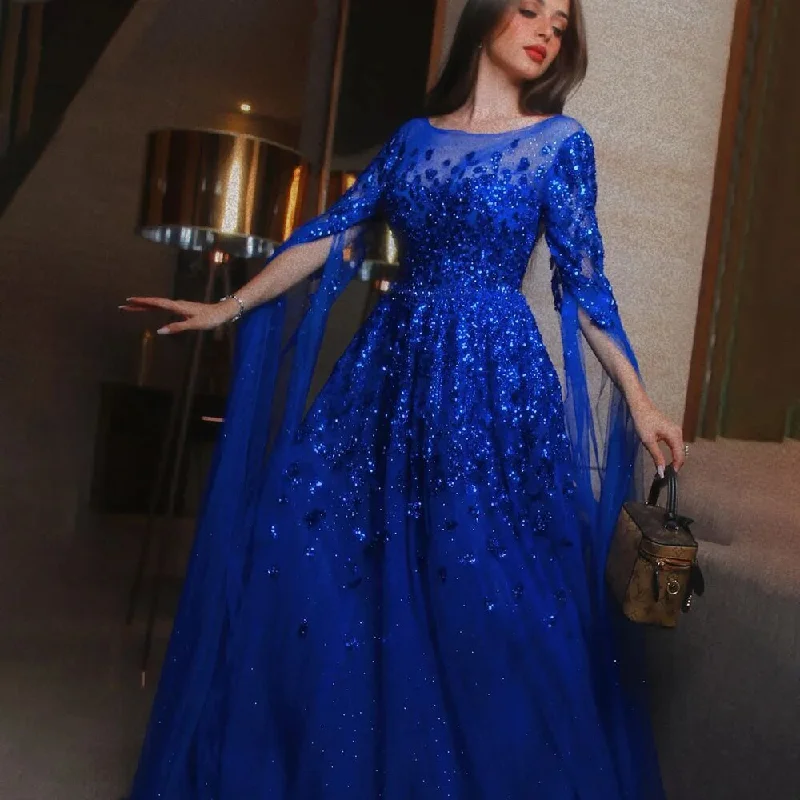 Serene Hill Blue Arabic Cape Sleeves Beaded Luxury Dubai Evening Dresses Gowns Formal Gowns 2024 For Women Wedding Party LA70454 Serene Hill Blue Arabic Cape Sleeves Beaded Luxury Dubai Evening Dresses Gowns Formal Gowns 2024 For Women Wedding Party LA70454
