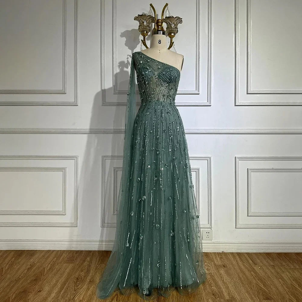 Serene Hill Dubai Green A Line One Shoulder Cape Sleeves Beaded Luxury Evening Dresses Gowns for Women Wedding Party LA72503