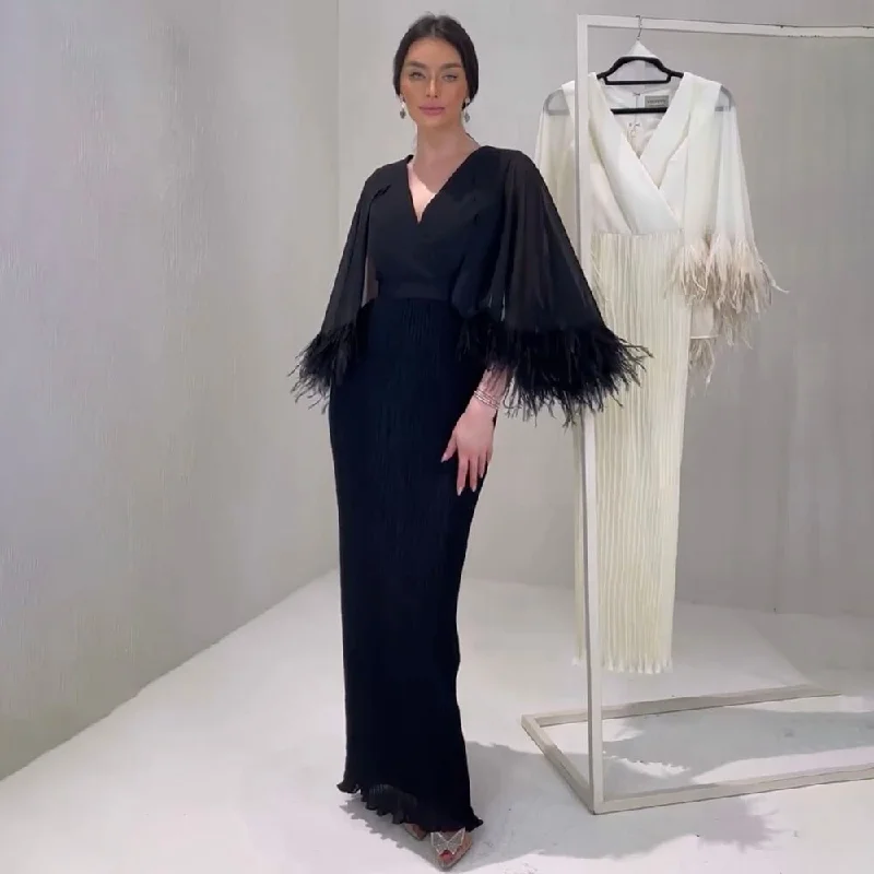 Serene Hill Black Mermaid Elegant Feather Cape Sleeves Morocco Evening Dresses Gowns For Woman Wedding Party 2024 LA71852 Serene Hill Black Mermaid Elegant Feather Cape Sleeves Morocco Evening Dresses Gowns For Woman Wedding Party 2024 LA71852