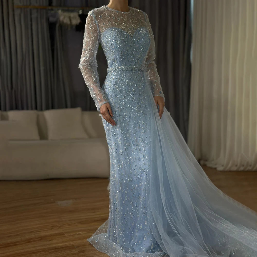 Serene Hill 2024 Elegant Blue Saudi Arabic Evening Gown with Beaded Side Overskirt Dress for Formal Occasion LA72734 Serene Hill 2024 Elegant Blue Saudi Arabic Evening Gown with Beaded Side Overskirt Dress for Formal Occasion LA72734