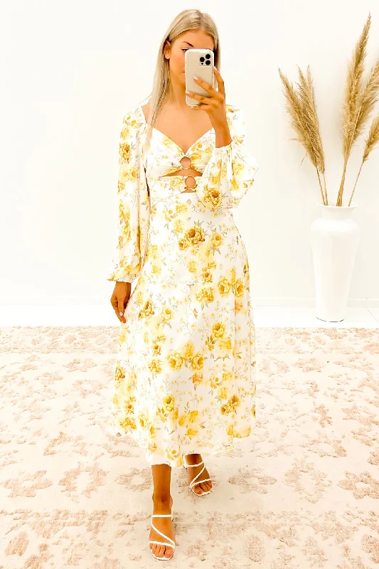 Airlie Midi Dress Floral Yellow Trendy Knit Midi Dress