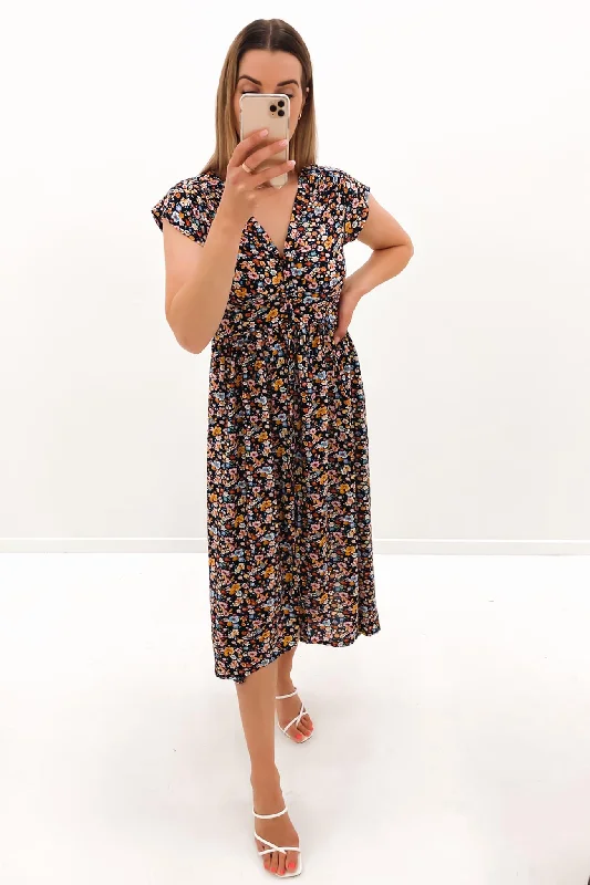 Alejandra Midi Dress Black Floral Stylish Off-Shoulder Ruffle Dress