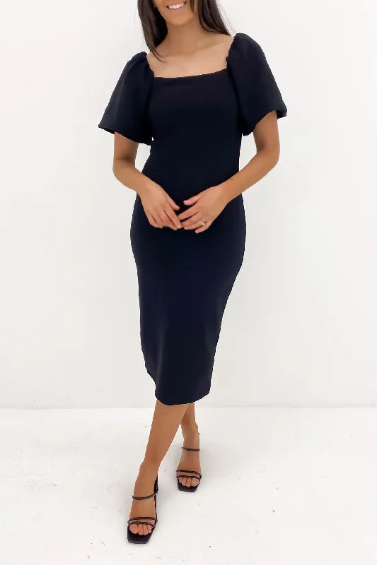 Alix Midi Dress Black Comfortable Deep V Midi Dress
