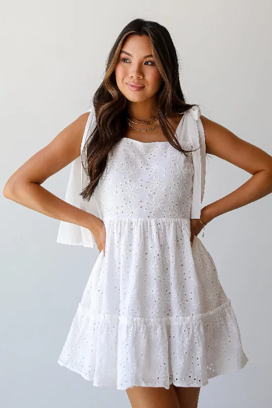FINAL SALE - All About Love White Eyelet Tiered Mini Dress Comfortable Polka Dot Mini Dress