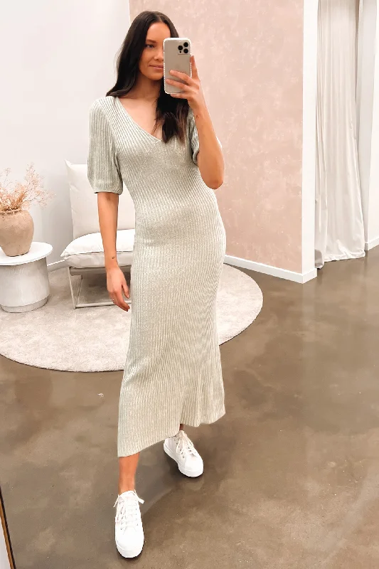 Amalfi Knit Midi Dress Sage Green Marle Fashionable Sheer Sleeve Midi Dress