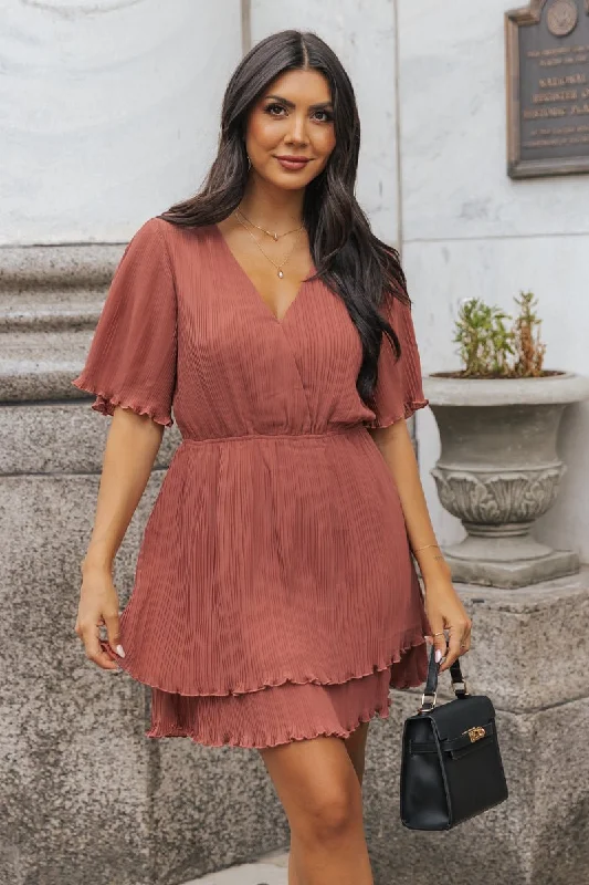 Terracotta Satin Pleated Mini Dress - FINAL SALE Trendy Mini Dress with Belt