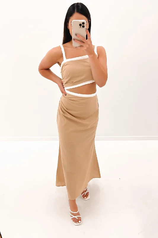 Beau Midi Dress Beige Trendy Flared Sleeve Midi Dress
