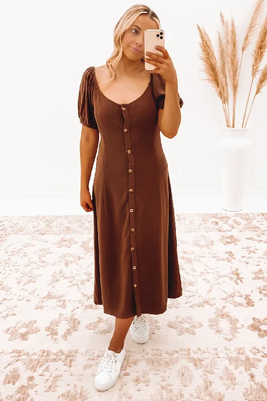 Bella Midi Dress Brown Stylish Cold Shoulder Midi Dress