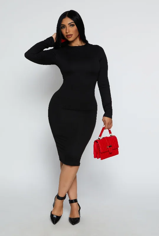High Neck Long Sleeve Midi Dress Comfortable Denim Midi Dress