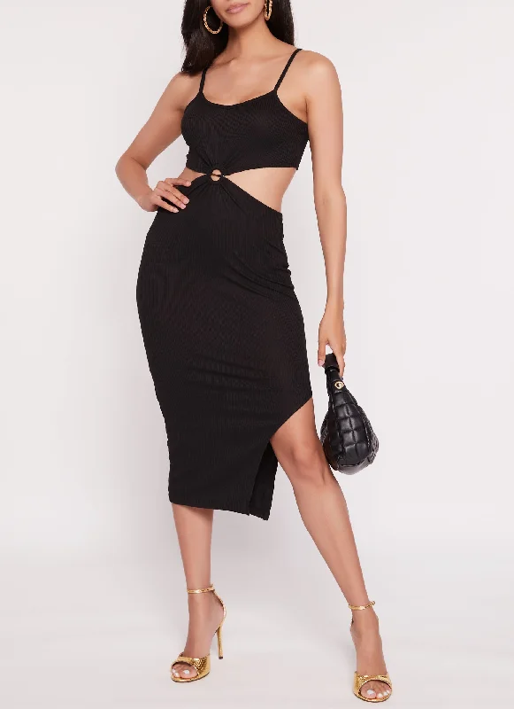 Ribbed Knit Cut Out Midi Dress Comfortable Stretch Midi Dress