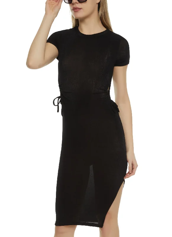 Side Slit Drawstring Cut Out Midi Dress Comfortable Geometric Print Midi Dress
