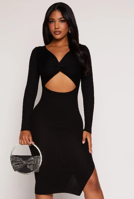 Twist Front Cut Out Side Slit Midi Dress Fashionable Fitted Midi Dress