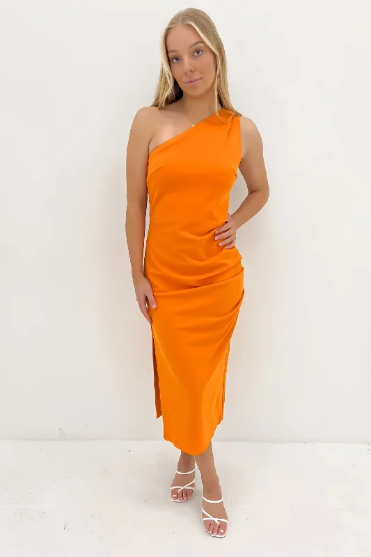 Blayke Midi Dress Orange Trendy Ruched Side Midi Dress