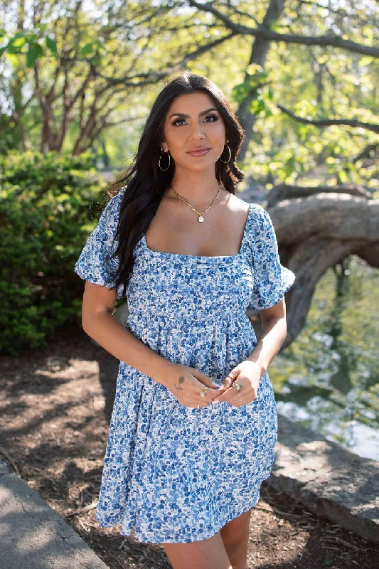 Blue Floral Print Pleated Mini Dress - FINAL SALE Comfortable Zip-Up Mini Dress