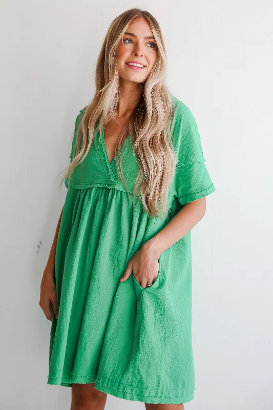 FINAL SALE - Bound To Charm Kelly Green Babydoll Mini Dress Cozy Knit Mini Dress