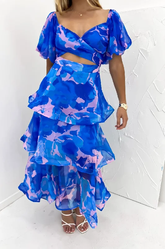 Brianna Midi Dress Blue Trendy Off-Shoulder Button Midi Dress