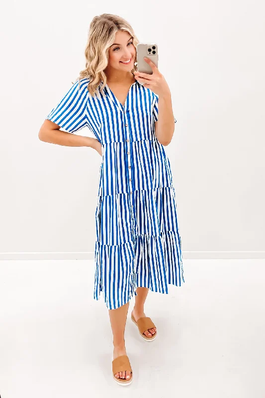 Brooke Midi Dress Blue Stripe Elegant Puff Sleeve Midi Dress