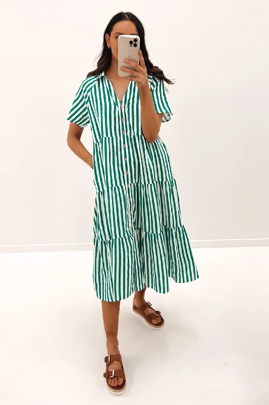 Brooke Midi Dress Green Stripe Stylish Striped Midi Dress