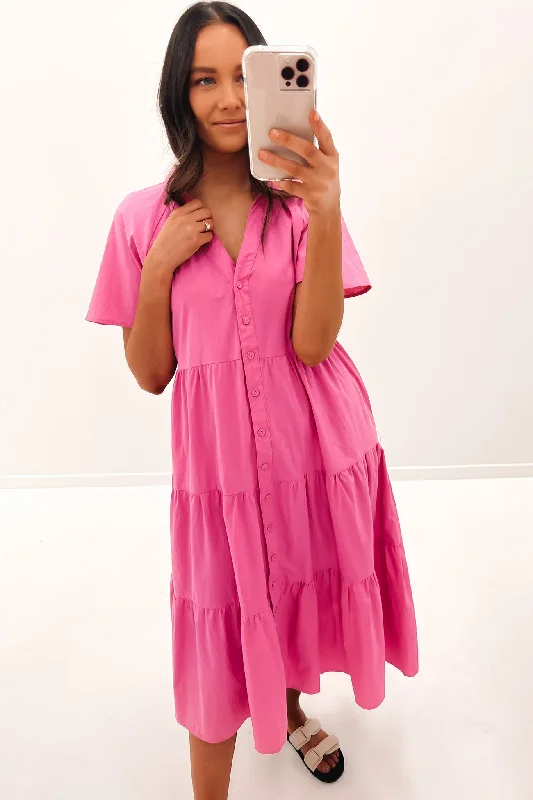 Brooke Midi Dress Pink Trendy Square Neck Midi Dress