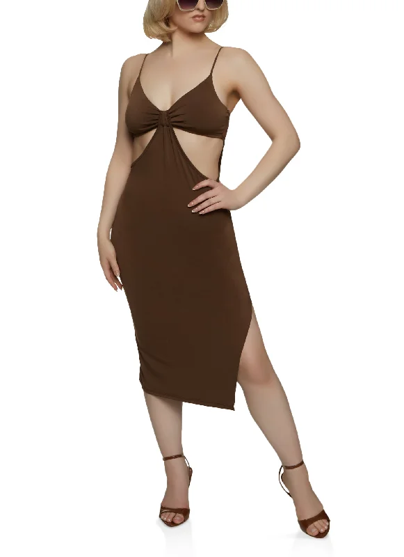 Split Hem Cut Out Midi Dress Fashionable High-Neck Midi Dress