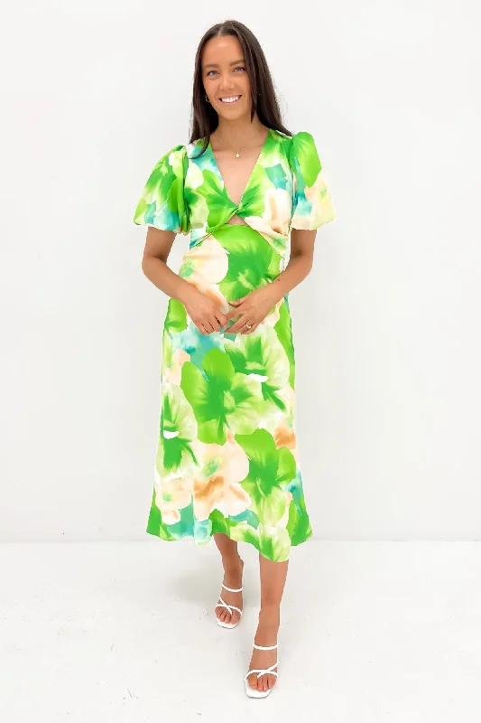 Cale Midi Dress Green Watercolour Stylish Tiered Midi Dress