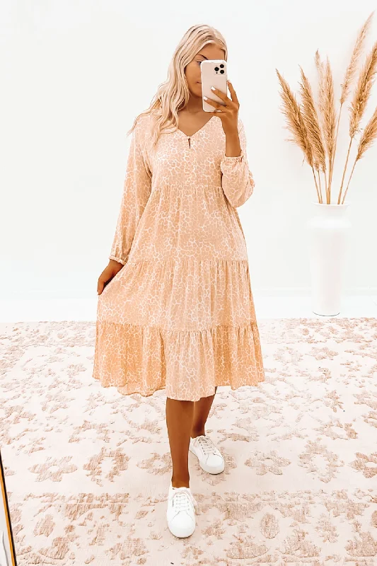 Cali Midi Dress Nude Leopard Trendy Square Neck Midi Dress