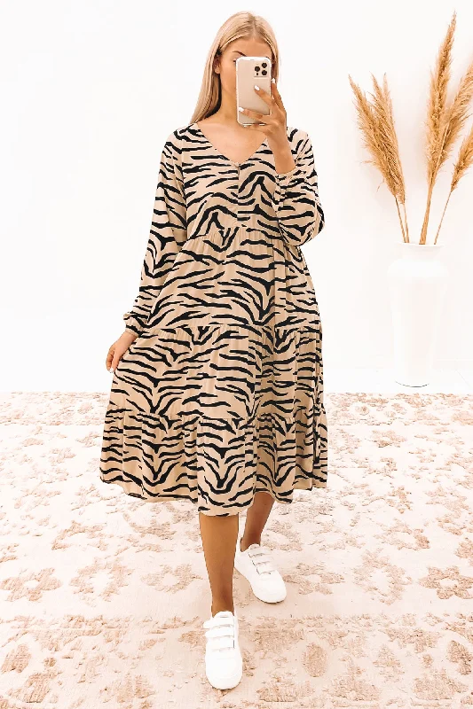 Cali Midi Dress Taupe Zebra Elegant Floral Skirt Midi Dress