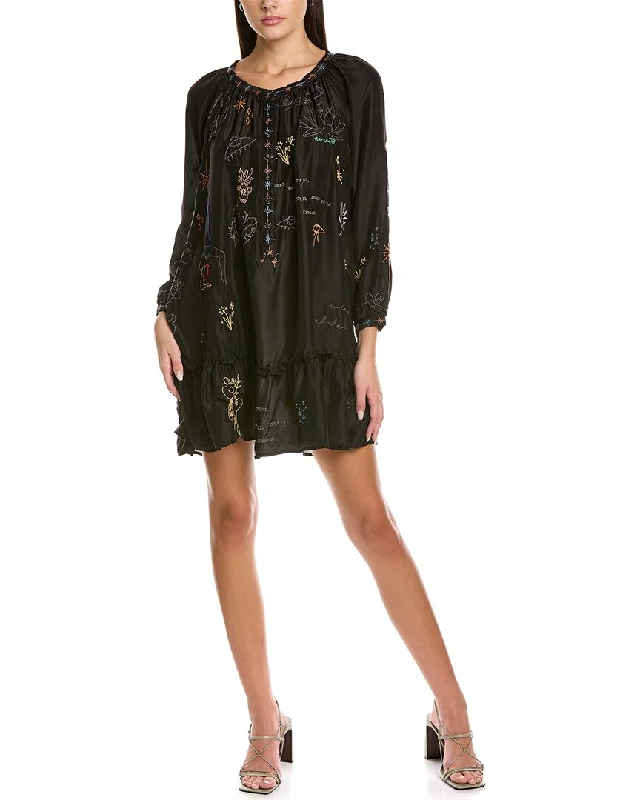 Calme by Johnny Was Yogi Embroidered Friday Silk Mini Dress Elegant Satin Mini Dress