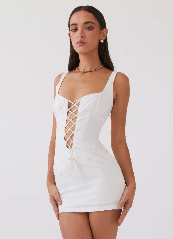 Casey Lace Up Mini Dress - White Trendy Tulle Mini Dress