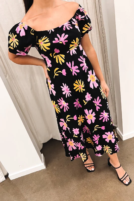 Catalina Midi Dress Black Multi Stylish Long Sleeve Floral Midi Dress