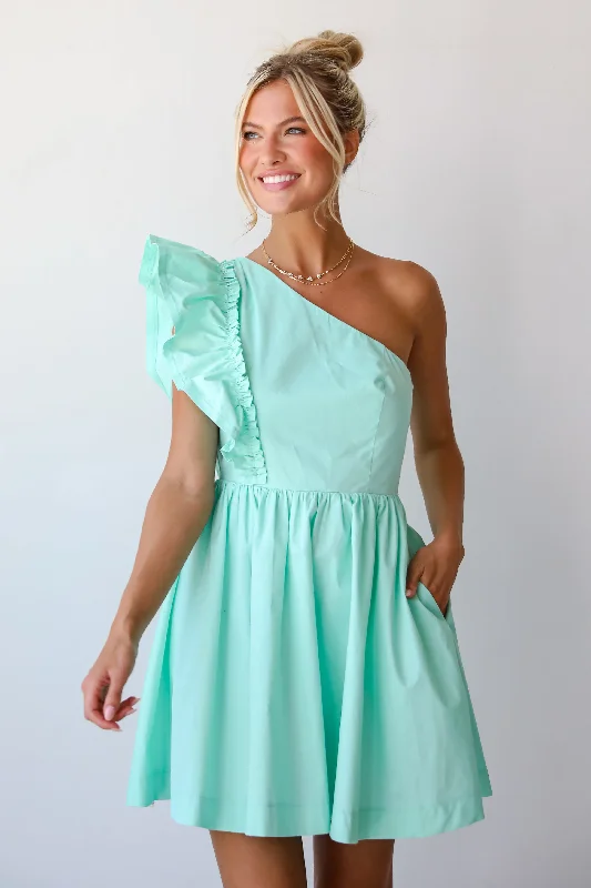 FINAL SALE - Charming Glamour Mint One-Shoulder Mini Dress Fashionable Party Mini Dress