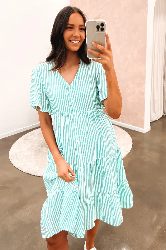 Chez Midi Dress Green White Stripe Fashionable A-Line Midi Dress
