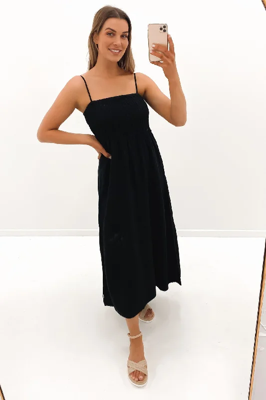 Classic Shirred Midi Dress Black Fashionable High-Low Midi Dress