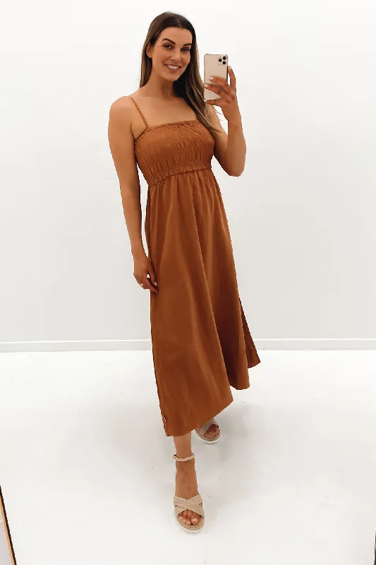 Classic Shirred Midi Dress Caramel Elegant V-Neck Midi Dress