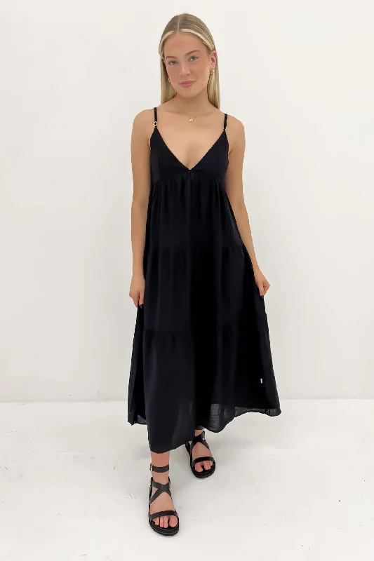 Classic Tiered Midi Dress Black Fashionable Sheer Sleeve Midi Dress