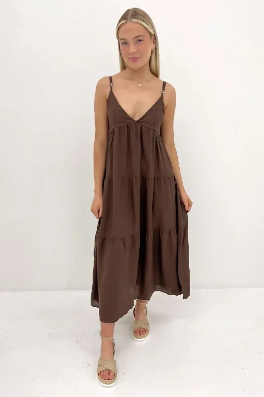 Classic Tiered Midi Dress Chocolate Comfortable Adjustable Strap Midi Dress