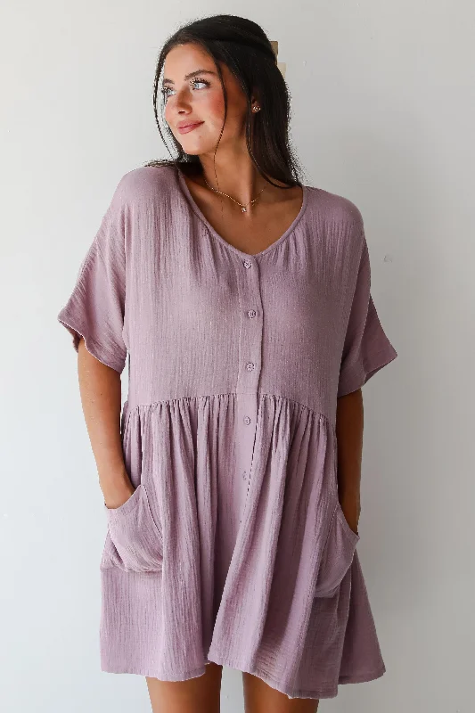 FINAL SALE - Cute On Cue Lilac Linen Babydoll Mini Dress Elegant Lace-Up Mini Dress