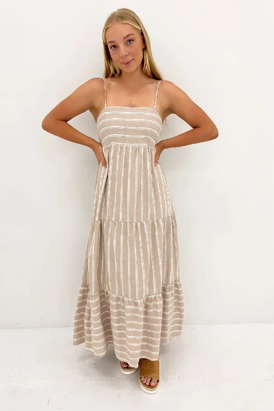 Dannili Midi Dress Taupe Stripe Fashionable Floral Embroidery Midi Dress