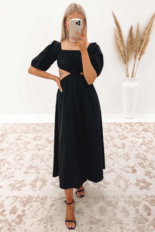 Davina Midi Dress Black Trendy Ruffled Sleeve Midi Dress
