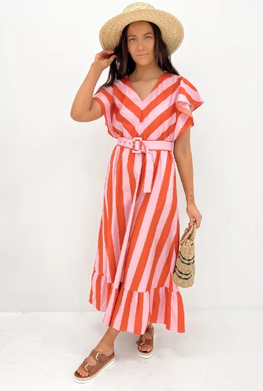 Delanie Midi Dress Pink Orange Comfortable Casual Midi Dress