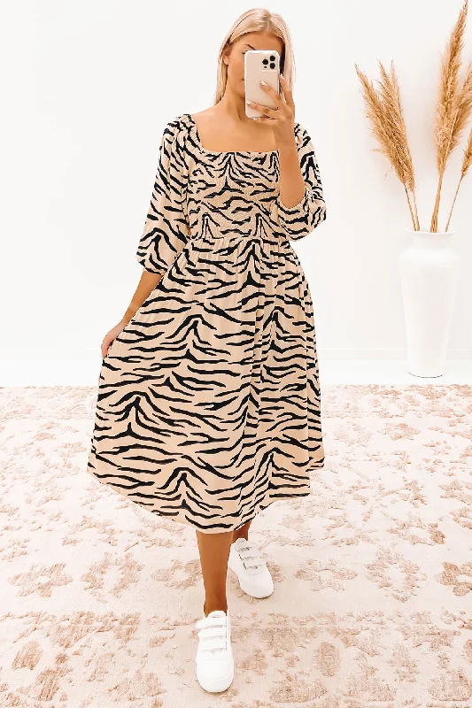 Devon Midi Dress Taupe Zebra Elegant Pleated Detail Midi Dress