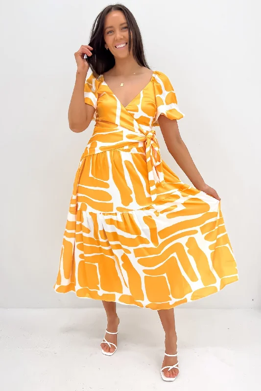 Eilish Midi Dress Yellow White Elegant Puff Sleeve Midi Dress
